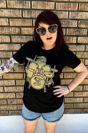 Salty Raven Drummer T-Shirt - Women's Gold on Black